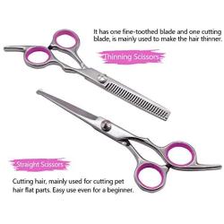 PetQoo Dog Grooming Scissors with Safety Round Tips, Heavy Duty Titanium Pet Grooming Trimmer Kit, Thinning Shears, Straight Scissors with Comb for Dogs and Cats(Pink)