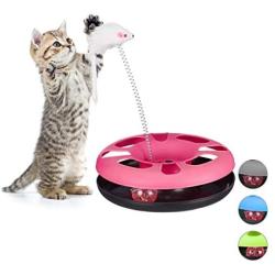 Relaxdays Pink Cat Toy Carousel with Mouse, Interactive Toy, Ball with Bell, Pet Training and Entertainment