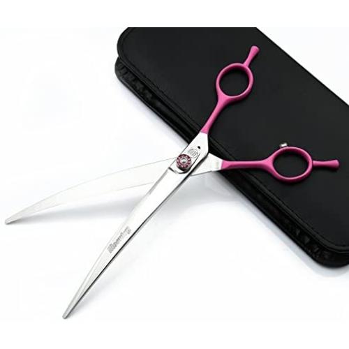 Moontay Pet Gromming Shear - 8.0 inch Pink Handle Downward Curved Pet Grooming Cutting Scissor with Bag