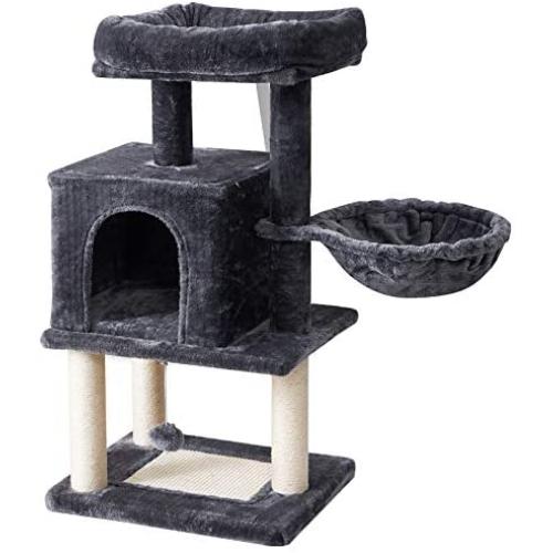 IBUYKE Cat Tree Tower Condo Cat Play Furniture 36.2'' with Sisal Scratching Posts and Board, Perches, Cat House, Dangling Balls, for Pet Cat Kitten, Light Gray Smoky Gray, UCT007