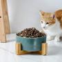 QFULL Ceramic Round Dog Cat Bowl - Durable Ceramic Food Water Elevated Dish for Pet,with Wood Stand,28 Ounces