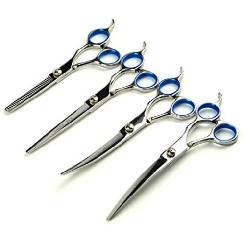 LILYS PET Professional PET Dog Grooming Scissors Suit,RED/Blue Ring, Cutting&Curved&Thinning Shears