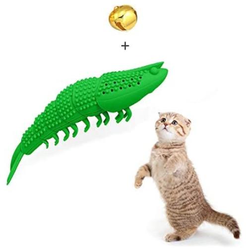 WeTest Natural Rubber Interactive Cat Toothbrush Catnip Toys - Refillable Catnip Shrimp Shape Pet Cleaning Chew Toothbrush Toy（Green） (LJ-ZXS-120202)