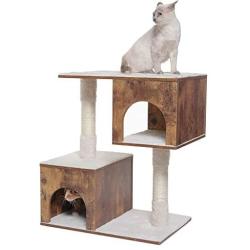 USIKEY Wooden Cat Tree with 2 Cozy Plush Condos, Cat Tower with Soft Protective Cushion and Sisal Posts, Cat Activity Tree with Cave, Kittens Activity Center, Easy Cleaning