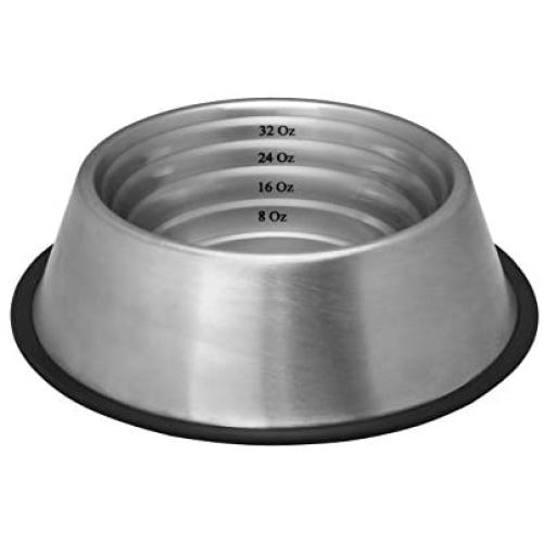 Indipets Stainless Steel Capacity Measurement Dog Bowl - Volume Marking, No-Tip, Anti-Skid Dish
