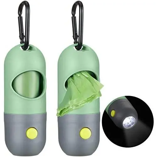 Blulu 2 Pieces Dog Poop Waste Bag Holder Dispenser with LED Flashlight and 2 Rolls Dog Poop Waste Bags Leak-Proof Dog Waste Bags (Green)