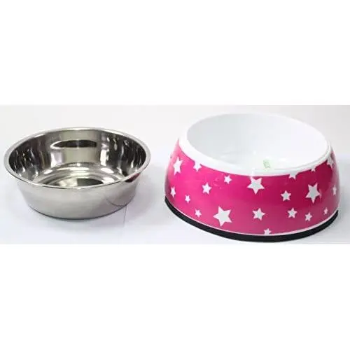 Sweet Pet Home 5.5'' Inch Diameter Pink and White Stars Round Double Aluminum Dog Bowl with Rubber Rim Sweet Pet Home 5.5'' Inch Diameter Pink and White Stars Round Double Aluminum Dog Bowl with Rubber Rim