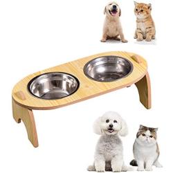 Elevated Double Cat Dog Bowls, Pet Food Water Bowl with 15°Tilted Raised, Pet Feeding Stainless Steel Bowl for Cats and Dogs- Include 2 Stainless Steel Bowls,Improve Digestion