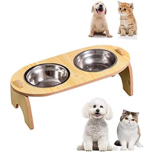 Elevated Double Cat Dog Bowls, Pet Food Water Bowl with 15°Tilted Raised, Pet Feeding Stainless Steel Bowl for Cats and Dogs- Include 2 Stainless Steel Bowls,Improve Digestion
