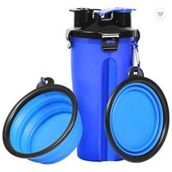 TOL Dog Water Bottle and Food 2-in-1 Container with Silicone Collapsible Dog Bowl, Outdoor Dog Water Food Bowl for Walking Traveling Hiking (Pink, Green, Orange, Blue)