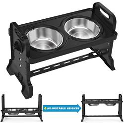 VavoPaw Adjustable Elevated Dog Bowls, 4 Adjustable Heights Dog Cat Raised Stand Feeder with Double Stainless Steel Bowls, Detachable Elevated Food & Water Dish for Cats and Small Medium Dogs, Black