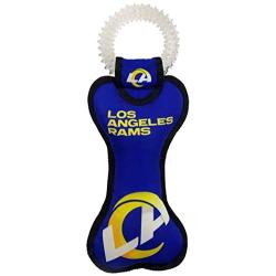 Pets First NFL Los Angeles Rams Football Dental Tough Dog TUG Bone Toy with Built-in Squeaker Attached to a Safe Rubber Teething Toothbrush PET Toy, Team Color, 14 x 5 (STL-3310)