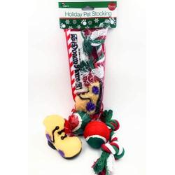 Christmas Stocking for Dogs. Pack of Squeaky newspaper toy, squeaky boot toy, a red, green and white tennis ball and a red, white and green cotton knotted rope.