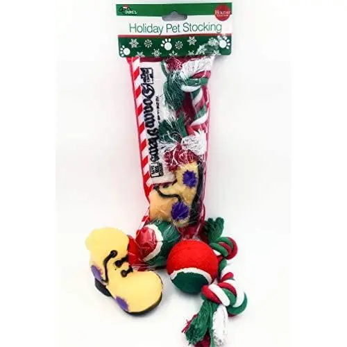 Christmas Stocking for Dogs. Pack of Squeaky newspaper toy, squeaky boot toy, a red, green and white tennis ball and a red, white and green cotton knotted rope. Christmas Stocking for Dogs. Pack of Squeaky newspaper toy, squeaky boot toy, a red, green and white tennis ball and a red, white and green cotton knotted rope.