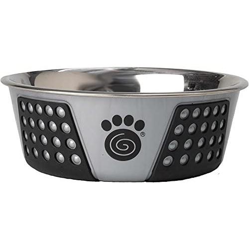 PetRageous 13098 Fiji Stainless-Steel Non-Slip Dishwasher Safe Dog Bowl 3.75-Cup Capacity 6.75-inch Diameter 2.5-inch Tall for Medium and Large Dogs, Light Gray/Black