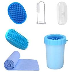 5 in 1 Pet Grooming Shower Brush Washing Kit | Dog Hair Removal Gloves | Self Cleaning Slicker Brush for Dogs & Cats | Absorbent Pet Bath Towel | Pet Finger Toothbrush | Dog and Cat Foot Washing Cup