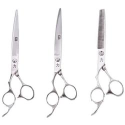 ShearsDirect 44-Tooth Straight and Curved Plus Thinner True Left Handed Professional Grooming Scissors Set with an Ergonomic Handle Design, 8''
