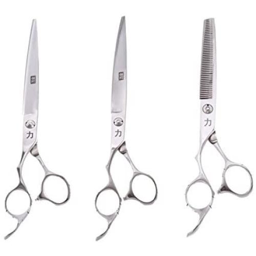 ShearsDirect 44-Tooth Straight and Curved Plus Thinner True Left Handed Professional Grooming Scissors Set with an Ergonomic Handle Design, 8''