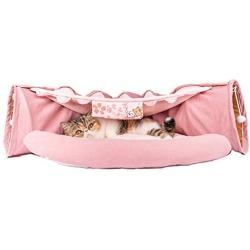 MelPet Cat Tunnel Bed with Mat, Pop Up Collapsible 2 Way Tube with Scratching Ball, Interactive Toy, Peak Hole Hideout House for Cat Puppy Kitten