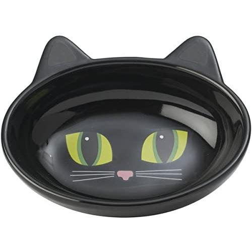 PetRageous 10011 Oval Frisky Kitty Stoneware Cat Bowl 5.5-Inch Wide and 1.5-Inch Tall Saucer with 5.3-Ounce Capacity and Dishwasher Safe is Great for Cats, Black
