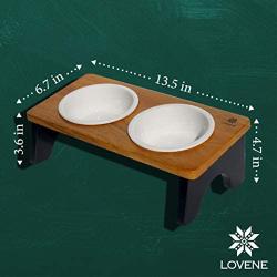 LOVENE Eco-Friendly Elevated Dog and Cat Double Noise-Free Stoneware Ceramic Raised Pet Bowls and Wooden Frame Set, Elevated Pet Feeder