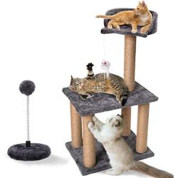 Cat Scratching Post for Kitty, Three Layers Natural Sisal Scratchers Post, Plush Platform and Hanging Mouse Balls, Kittens & Cat Interactive Toys