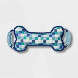 BOOTS & Barkley Toss Squeaky Rope Bone Tug Dog Toy Blue Multi Color Checks