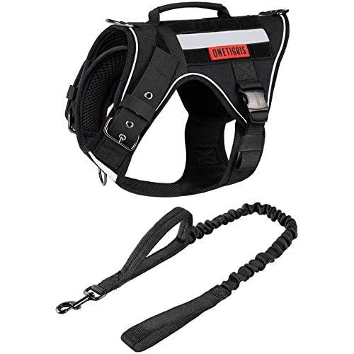 OneTigris Large Tactical Dog Harness and Dog Leash Set, No Pull Dog Vest Harness, Heavy Duty Dog Harness with Handle(Black,M)