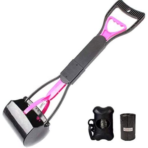 Pooper Scooper for Large Dogs, 24 Inch Long Handle Foldable Dog Poop Waste Pick Up Rake with bag for Outdoor/Indoor (Pink)