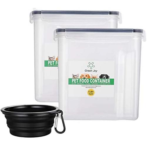 GreenJoy Airtight Pet Food Storage Container with Dish Bowl+ Measuring Scale+ Seal Buckles (3 Pack) BPA-Free Plastic for Dogs Cats Birds and Label Removable