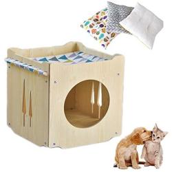 N-brand Wooden Puppy Cat House with Cushion, Deluxe Pet Home Wooden Small Dog House, Weatherproof Indoor/Outdoor Kitten Condo Shelter, Scratcher Cube Eco-Friendly Cat House