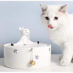 ROSE CREATE 1.3L Ceramic Cat Drinking Water Fountain Bowl, Upgraded USB Charging Smooth Porcelain Electric Pet Water Dispenser for Cats/Dogs with Quiet Pump, 5 Filters - White Sitting Deer