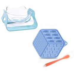 GAPZER 15° Adjustable Detachable Raised Cat Food Water Bowl & Dog Lick Mat Slow Feeders for Anxiety Relief Boredom Buster (Blue)