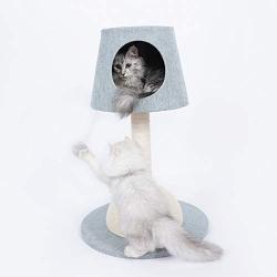 Furrytail Lamp Shape Cute and Uniqueness Cat Tree Tower Scratching Post with Cat House Bed and Teaser Ball, Solid Wood Made Two Color Blue and Beige