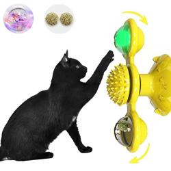 HSONLINE Windmill Cat Toy, Portable Turntable Teasing Toys Pet Training Interactive Balls, Scratching Tickle Cats Hair Brush with Rotating Led Ball & Catnip Ball, Suction Cup Base Pet Toys