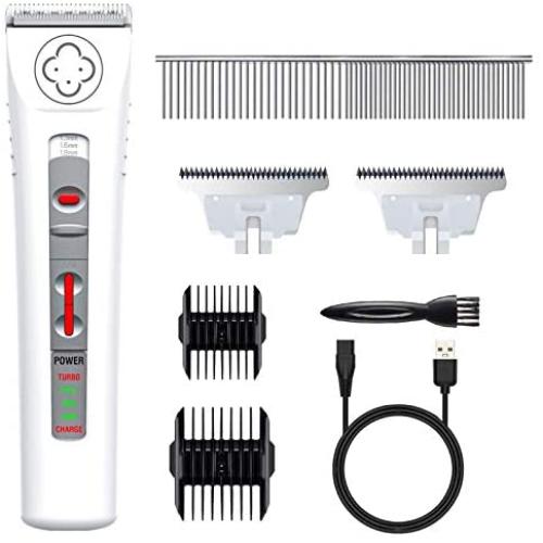 Brobantle Dog Grooming Clippers Professional Low Noise Cordless Dog Clippers with 2 Titanium Alloy Blades Pet Hair Trimmer Kit Rechargeable Shaving Tool for Cats Dogs and Other Animals-White