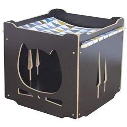 S-Lifeeling Wooden Cat House with Hammock Stackable Collapsible Cat Kity Cube Room Splicing Cat Climbing Combination
