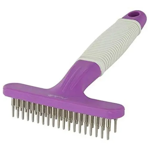 Poodle Pet Dog Grooming Rake| Dematting Tool with Stainless Steel Shedding Comb for Pets | 2 Rows of Pins Gently Remove Loose or Tangled Hair from Undercoat | Purple Handle Poodle Pet Dog Grooming Rake| Dematting Tool with Stainless Steel Shedding Comb for Pets | 2 Rows of Pins Gently Remove Loose or Tangled Hair from Undercoat | Purple Handle