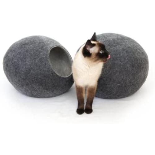 Kivikis Cat Bed, House, Cave, Nap Cocoon, Igloo, 100% Handmade from Sheep Wool (XL 17-26 pounds cat, Dark Gray)