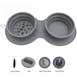 Rainteam Portable Collapsible Travel Dog Bowl, Outdoor Double Bowl Design with Slow Feeder Bowl and Water Bowl, Non-Slip, Anti-tip and No-Spill