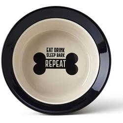 PetRageous 17001 Eat Drink Repeat Two-Tone Stoneware Dishwasher Safe Dog Bowl 4-Cup 8-Inch Diameter 3.75-Inch Tall for Medium and Large Dogs and Cats 32-Ounce Capacity, Off-White
