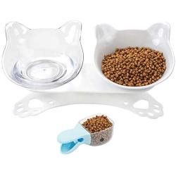 Legendog Cat Food Bowls, Double Cat Bowls Elevated Cat Bowls Raised Cat Bowls, 15° Tilted Elevated Cat Bowls to Protect The Neck for Cat and Small Dog (White&Clear)