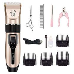 LACGO Dog Clippers, Professional Cordless Low Noise Rechargeable Grooming Trimmer Hair Electric Shaver Kit Pet Clippers with 4 Comb Guides Scissors for Dogs, Cats and Other Animals(1 Set)