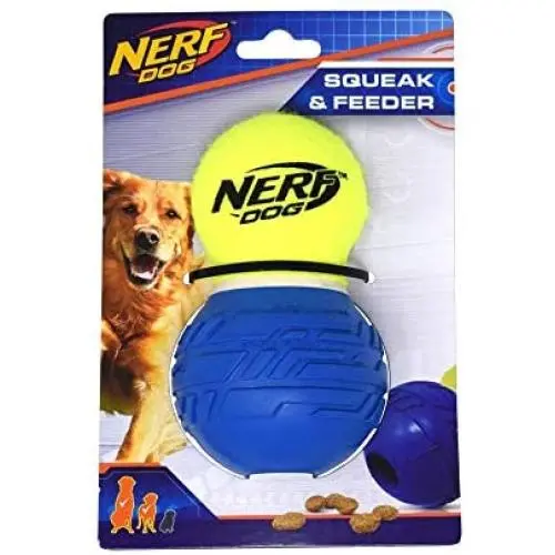 Nerf Dog Squeak Dog Toy with Interactive Treat Feeder, Lightweight, Durable and Water Resistant, 5.25 inches for Medium/Large Breeds, Single Unit, Green/Blue Nerf Dog Squeak Dog Toy with Interactive Treat Feeder, Lightweight, Durable and Water Resistant, 5.25 inches for Medium/Large Breeds, Single Unit, Green/Blue