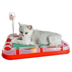 PGFUN 3 in 1 Cat Track Toy with Scratching Pad, Reversible & Replaceable Cardboard Cat Scratcher with Balls & Wand Toy