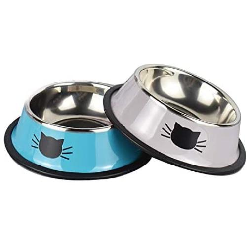 Yasma 2Pcs Cat Bowls Stainless Steel Pet Cat Bowl Kitten Rabbit Cat Dish Bowl with Cute Cats Painted cat Food Dish Easy to Clean Durable Cat Dish for Food and Water (Blue Grey)