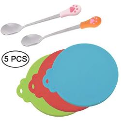 SENHAI 3 Pcs Silicone Pet Can Covers & 2 Pcs Pet Spoons, Canned Food Lid and Spoon for Dog and Cat, One Meet Three Sizes - Red Green, Light Blue