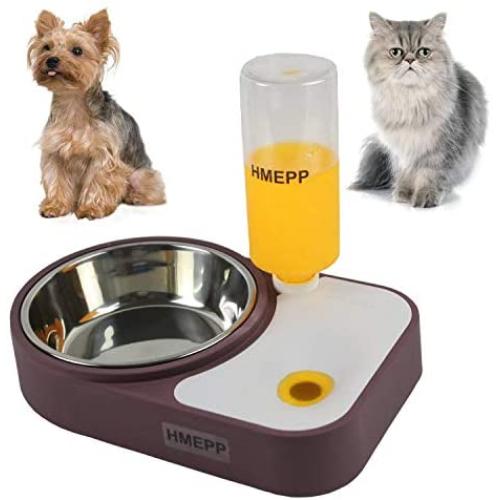 HMEPP Dog Cat Pets Water and Food Bowls with Automatic Water Dispenser for Small or Medium Size Dogs Cats，Stainless Steel Pet Bowls No-Spill Resin Station，Puppy Water Dispenser Station