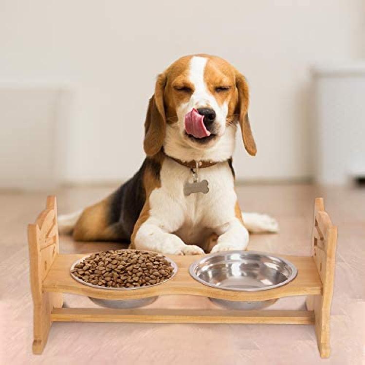 Elevated Dog Bowls,Unique Bone Shape Bamboo Raised Pet Bowls&Cats Dogs Food  and Water Stand Pet