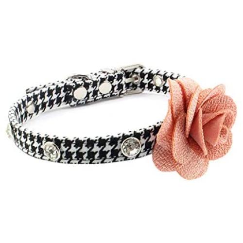 PETFAVORITES Rhinestone Dog Collar, Designer Crystal Dog Jewelry with Rose Flower Charm, Cute Houndstooth Cloth Cat Collar for Small Dogs Girl, Teacup Yorkie Chihuahua Clothes Costume Accessories